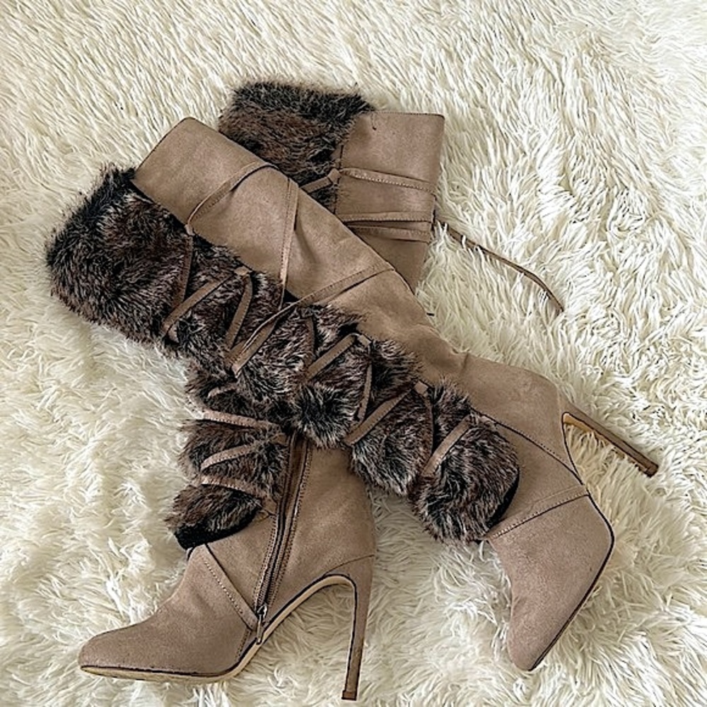 Suede Light Taupe Lace Up Faux Fur Boots - Picture 8 of 17
